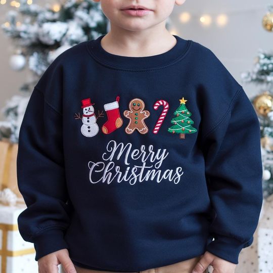 Discover EMBROIDERED Merry Christmas Kids Sweatshirt, Holiday Sweater, Toddler Xmas Shirt,Christmas Icon Crewneck,Family Christmas Matching,Xmas 2025