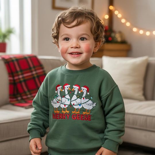 Discover EMBROIDERED Merry Geese Christmas Sweatshirt, Toddler Goose Shirt, Funny Holiday Sweatshirt, Christmas Goose Tee, Christmas Kids Shirt