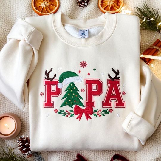 Discover EMBROIDERED Papa Christmas Sweatshirt, Holiday Dad Shirt, Family Xmas Matching Sweater, Chrismas Dad Shirt,Merry Christmas,Reindeer Pullover