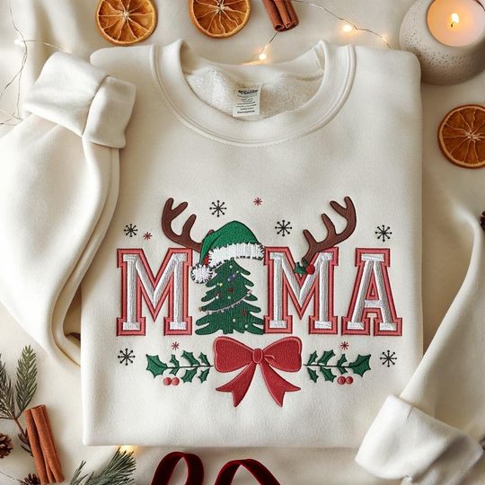 Discover EMBROIDERED Mama Christmas Sweatshirt, Cute Holiday Mom Sweater, Mama Claus Xmas Shirt, Christmas Gift for Mama, Family Christmas Matching