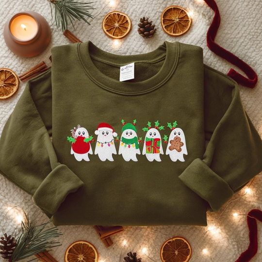 Discover EMBROIDERED Christmas Ghost Sweatshirt, Cute Holiday Ghosts Shirt, Funny Festive Sweater, Spooky Christmas Shirt, Christmas Kids Shirt