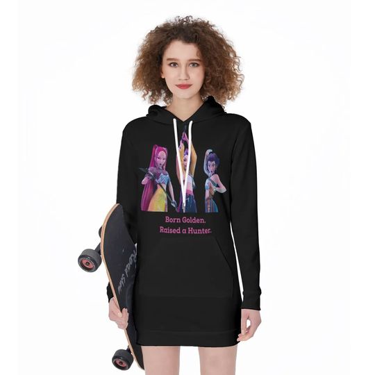 KPop Demon Hunter Hoodie Dress for Girls  All-Over Print Long Hoodie, Korean Streetwear, Anime Kawaii Outfit, 200 GSM Soft Fabric