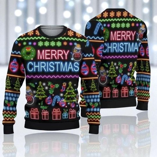 Bright Neon Lighting Ugly Christmas Sweater, Reindeer & Santa Light-Up Xmas Jumper, Funny Holiday Sweatshirt