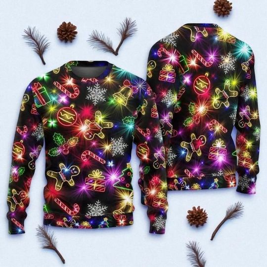 Discover Neon Light Christmas Sweater  Bright Ugly Xmas Jumper with Santa & Reindeer, Funny Holiday Party Sweatshirt