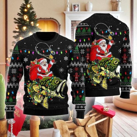 Santa Claus on Bass Fish Ugly Xmas Sweater, Funny Fishing Holiday Sweatshirt, Christmas Gift for Fishermen