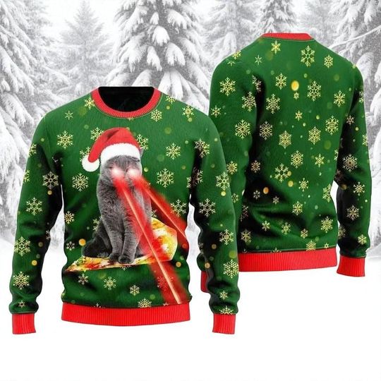 Funny Pizza Cat Ugly Christmas Sweater, Laser Eyes Cat Xmas Jumper, Hilarious Holiday Gift for Men & Cat Fans