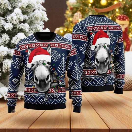 Discover Cute Donkey Santa Hat Christmas Sweater, Funny Donkey Meme Ugly Sweater, Donkey Lovers Holiday Gift, Festive Donkey Xmas Sweater