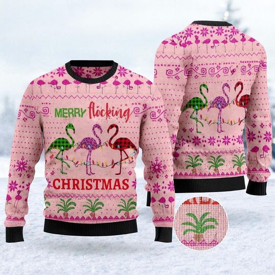 Discover Merry Flocking Christmas Flamingo Ugly Sweater, Funny Holiday Jumper, Unique Festive Outfit, Quirky Winter Gift Idea