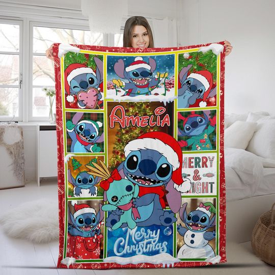 Discover Personalized Name Christmas Stitch Blanket, Christmas Lilo And Stitch Blanket, Merry And Bright Blanket, Merry Christmas Gift AXIR09