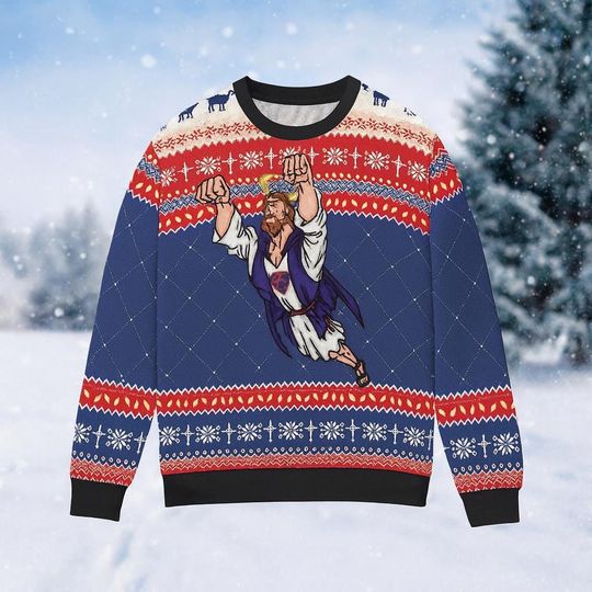 Super Jesus Christmas Ugly Sweater, Funny Jesus Saves Holiday Sweatshirt, Christian Xmas Pullover, Festive Gift for Believers