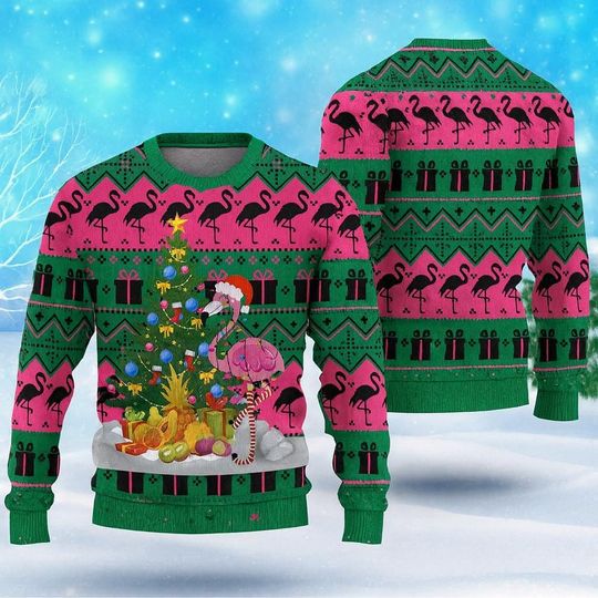 Flamingo Christmas Tree Ugly Sweater, Tropical Holiday Sweater, Xmas Sweater, Fun Festive Gift for Men and Women
