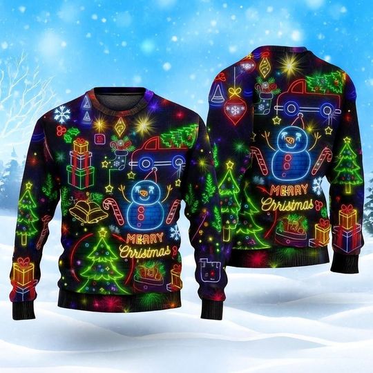 Discover Christmas Bright Neon Lighting Ugly Christmas Sweater, Fun Festive Holiday Outfit, Unique Xmas Gift for Men and Women