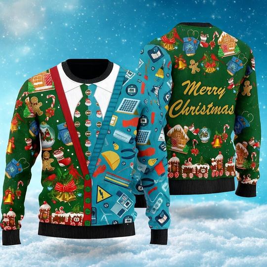 Discover Electrician Christmas Ugly Sweater, Funny Holiday Pullover, Unique Xmas Gift Shirt for Electricians