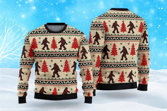 Bigfoot Christmas Sweater, Funny Sasquatch Ugly Xmas Sweater, Retro Holiday Sweatshirt, Cryptid Winter Tree Print Sweater