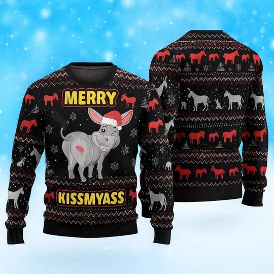 Merry Kissmyass Donkey Ugly Christmas Sweater, Funny Donkey Xmas Pullover, Hilarious Holiday Gift for Men and Women