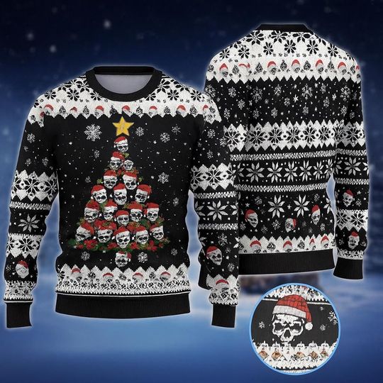 Skull Christmas Ugly Sweater, Funny Holiday Sweater, Spooky Festive Xmas Outfit, Unique Winter Party Sweater Gift Idea