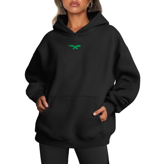 Discover Black Hoodie with Green Eagle Chest Embroidery | Trendy Queens