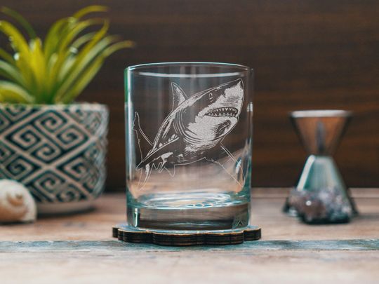 Discover Great White Shark Glasses | Personalized Whiskey, Wine & Beer Etched Glassware, Shark Enthusiast Gift, Marine Ocean Life, Fishing Drinkware