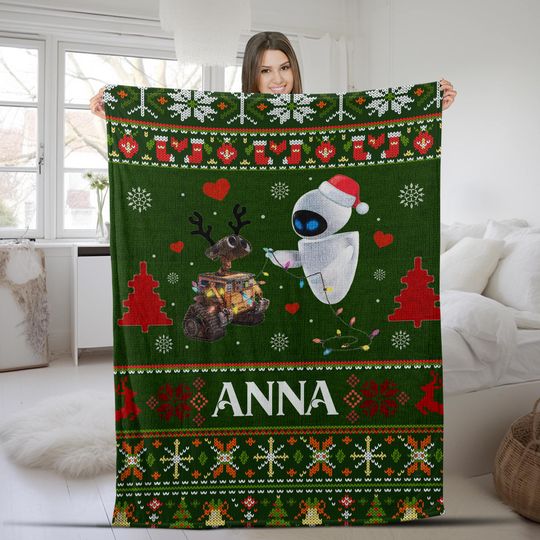 Discover Disney Pixar Wall-E and Eve Ugly Christmas Blanket, Santa Robot Christmas Blanket, Disneyland Christmas  AXIR15