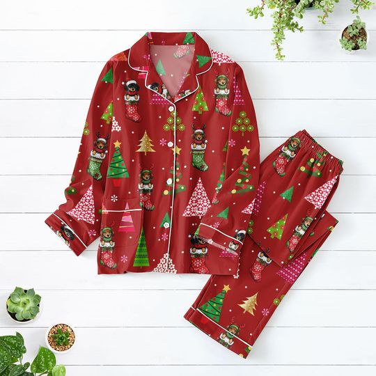 Dachshund Christmas Pajamas Set, Merry Xmas Matching Holiday Pajamas, Santa Dog Loungewear, Animals Xmas Women Pajamas, Xmas Party Gift