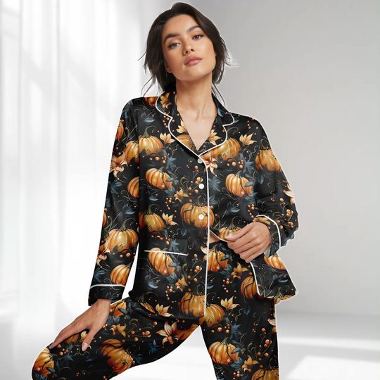 Halloween Black Pumpkin Pajamas Set, Fall Harvest Women Pajamas, Fall Festival Holiday Pjs, Spooky Autumn Sleepwear For Her