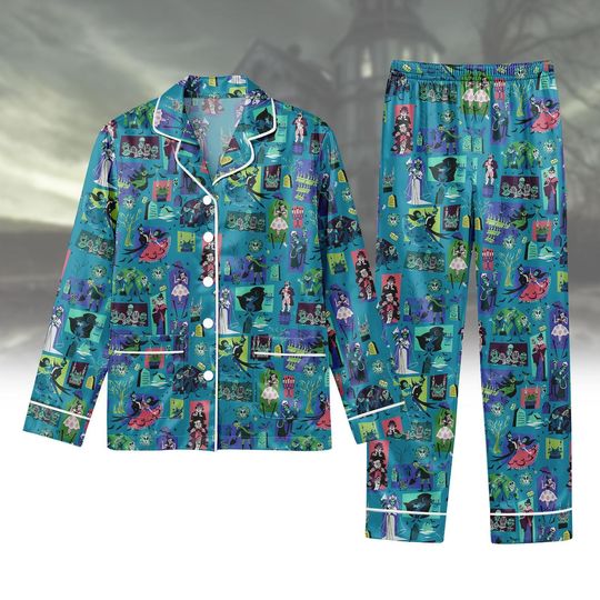 Discover Halloween Haunted Mansion Satin Pajamas Set, Disney Horror Movie Long Women Pajamas, Hitchhiking Ghosts Pjs, Spooky Sleepwear For Her