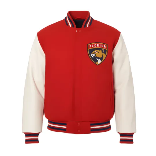Discover Florida Panthers Red Body White Leather Letterman Varsity Jacket Men Size L