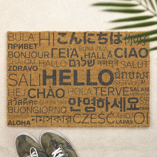 Discover Hello Bonjour Hola Guten Tag Doormat  Multilingual Welcome Mat, Global Greeting Coir Door Mat, Unique World Home Dcor Gift