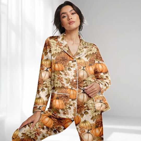 Discover Floral Pumpkin Long Satin Pajamas Set, Autumn Harvest Women Pajamas, Fall Festival Holiday Pjs, Halloween 2025 Sleepwear, Gift For Her