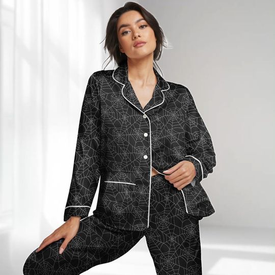 Discover Halloween Spider Long Satin Pajamas Set, Black Spider Web Women Pajamas, Spooky Gothic Holiday Pjs, Halloween Sleepwear, Gift For Her