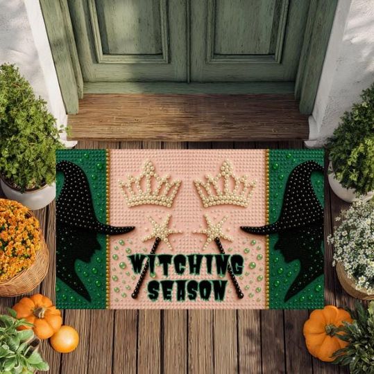 Discover Witching Season Doormat: Faux-Bead Witches Hats, Pink & Green Entryway Rug