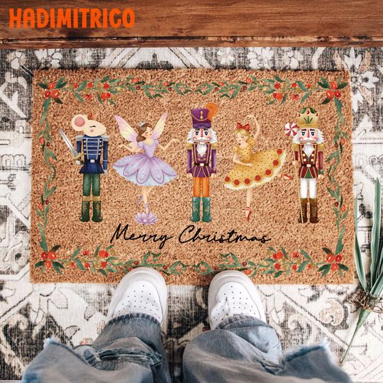 Nutcracker Ballet Christmas Doormat, Merry Christmas Holiday Mat, Ballerina Mouse King Entry Rug, Festive Front Porch Decor, Xmas Door Mat