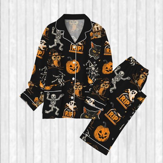 Halloween Witchy Vibes Pajamas Set, Dancing Skeleton Women Pajamas, Black Cat And Pumpkin Shirt, Funny Spooky Sleepwear, Halloween Gift
