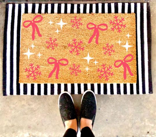 Discover Pink Bows & Snowflakes Doormat | Winter | Custom Doormat | Holiday | Gift Idea | Christmas | Modern Doormat