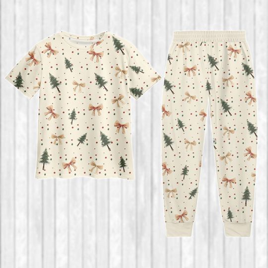 Discover Christmas Tree T-Shirt And Pants, Xmas Holiday Pajamas Set, Xmas Coquette Bows Set Of Pajamas, Merry Xmas Midnight Shirt, Xmas Gifts