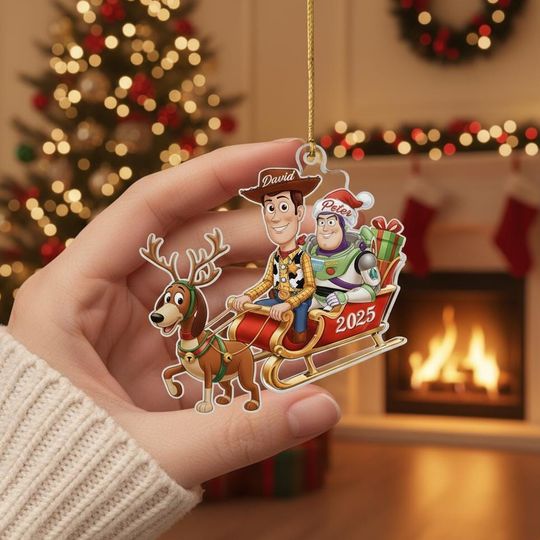 Personalized Woody And Buzz Lightyear Acrylic Ornament, Toy story Xmas Ornaments, Custom Christmas Tree Decor Gift For Kid