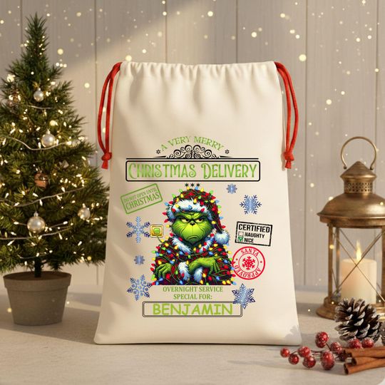 Discover Personalized funny character Christmas Santa Sack-Funny Christmas Delivery Bag-Grin Gift Bag for Kids-Custom Holiday Gift Bag -Large Santa Sacks