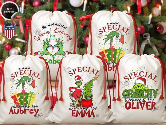 The Grin Christmas Sacks Family Matching Santa Sacks , Personalized Funny Stockings , Cousin Matching Grin Christmas gifts Large Bag.