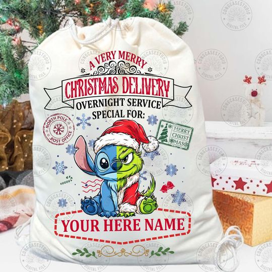 Discover Funny Christmas Santa Sack PNG: Custom Green Guy Kids Name Design, Digital Download