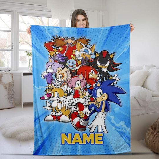 Custom Sonic The Hedgehog Blanket, Personalized Cartoon Hedgehog Minky Blanket