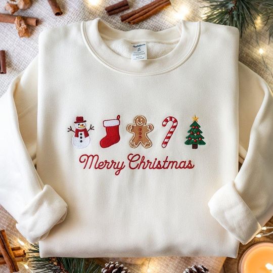 Discover Embroidered Gingerbread Xmas Sweatshirt, Embroidered Snowman Sweatshirt, Embroidered Christmas Stock Sweatshirt, Candy Cane Shirt, Pine Tree