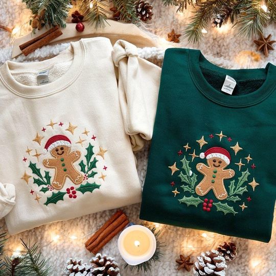 Discover Embroidered Christmas Gingerbread Sweatshirt, Holiday Sweatshirt, Gingerbread Man Embroidered Sweater, Christmas Sweater, Merry Xmas Shirt