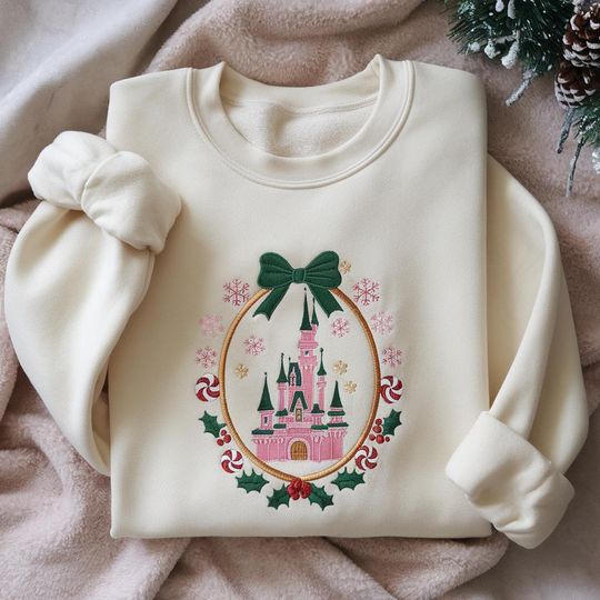 Discover EMBROIDERED Disney Coquette Bow Castle Christmas Sweatshirt, Disney Peppermint Swirl Sweater, Disneyland Christmas Tee, Holiday Season