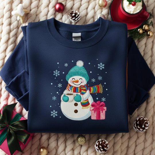Discover EMBROIDERED Christmas Snowman Sweatshirt, Winter Vibes Sweatshirt, Snowman with Christmas Tree Shirt, Christmas Shirts for Women