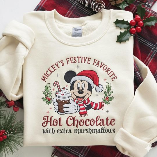 Discover EMBROIDERED Mickey Hot Chocolate Christmas Sweatshirt, Disney Xmas Shirt, Christmas Disney Family Trip Shirt, Very Merry Mickey Mouse Shirt