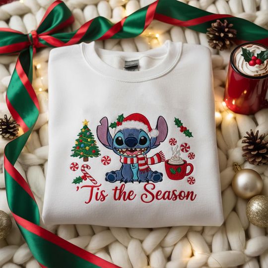 Discover EMBROIDERED Disney Tis The Season Shirt, Stich Christmas Shirt, Disneyland Christmas Shirt, Disney Holiday Sweatshirt, Disneyworld Shirt