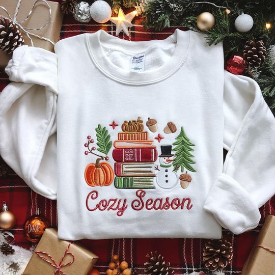 Cozy Season Embroidery Sweatshirt, Cozy Fall Sweatshirt, Autumn Sweatshirts, EmbroiderySweatshirts for Cozy Christmas, Cozy Autumn Shirt
