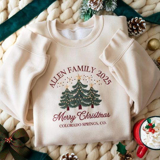 Discover EMBROIDERED Custom Family Christmas Tree 2025 Sweatshirt, Custom Family Holiday Sweater, Matching Family Xmas Outfit, Family Christmas Shirt