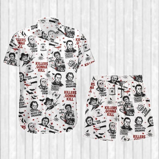 Discover Halloween Horror Characters Hawaiian Shirt and Shorts, Scary Movie Shorts Men, Spooky Vacation Shirt, Creepy Shirts For Men