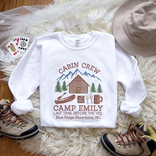 Discover Custom Embroidered Cabin Crew Shirt, Camp Bachelorette Sweatshirt, Hiking Bridal Party Shirt, Lake Themed Bach Party Tee, Bride Camping Tee